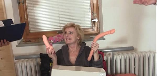  Skinny blonde grandma enjoys threesome sex